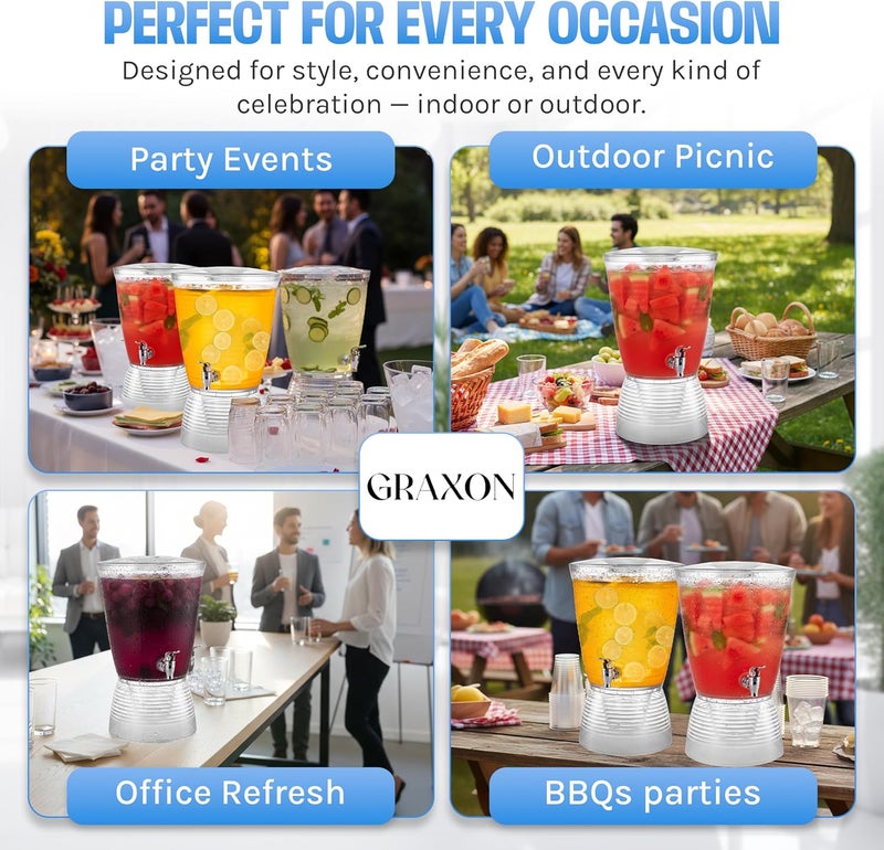 GRAXON Drink Dispensers for Parties (2.5 Gallon) Large Plastic Water Dispenser for Counter Tops, No Mess, Easy to Assemble & Wash, Up to 40 Drinks, For Drinks, Juice, Punch & Water (3 Pack) - Image 3
